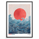 Indlæs billede til gallerivisning Japanske plakater | Japandi-style art print titled &quot;Hinode&quot; featuring a bold red sun rising over flowing blue ocean waves, with minimal text and a soft, neutral background.

