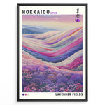 Indlæs billede til gallerivisning Japanske plakater | Colorful illustration of lavender and flower fields in Hokkaido, Japan, with rolling hills in soft pastel tones and a dreamy mountain backdrop.
