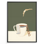 Indlæs billede til gallerivisning Minimalist artwork of a swimmer diving toward a large coffee cup with a ladder beside it.
