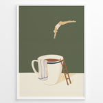 Indlæs billede til gallerivisning Minimalist artwork of a swimmer diving toward a large coffee cup with a ladder beside it.
