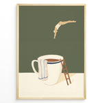 Indlæs billede til gallerivisning Minimalist artwork of a swimmer diving toward a large coffee cup with a ladder beside it.
