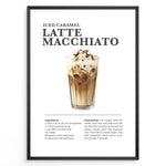 Indlæs billede til gallerivisning Iced caramel latte macchiato recipe poster with a tall glass of layered iced coffee.
