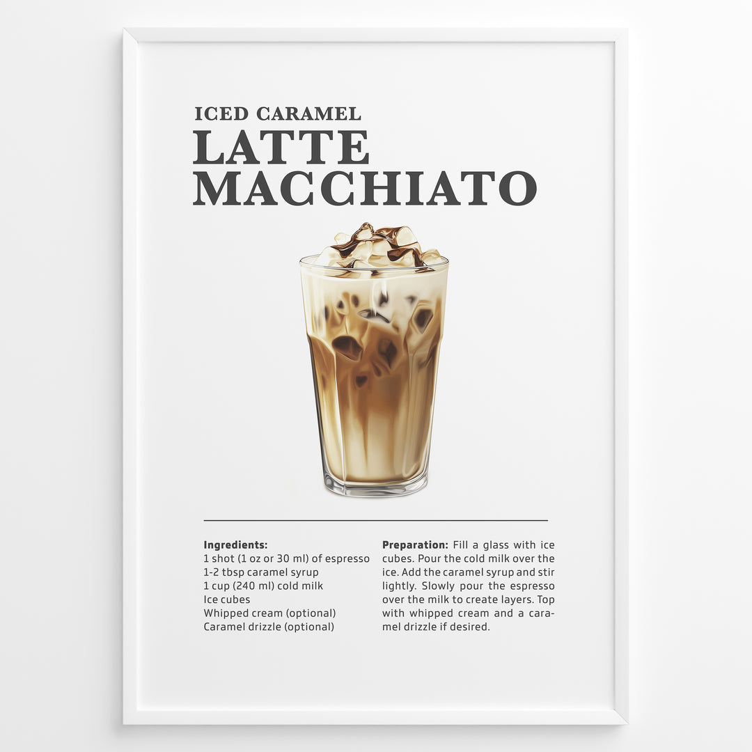 Iced caramel latte macchiato recipe poster with a tall glass of layered iced coffee.