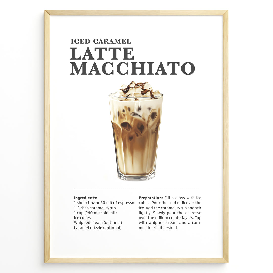 Iced caramel latte macchiato recipe poster with a tall glass of layered iced coffee.