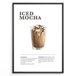 Indlæs billede til gallerivisning Iced mocha recipe poster with a glass of iced chocolate coffee and milk.
