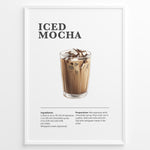 Indlæs billede til gallerivisning Iced mocha recipe poster with a glass of iced chocolate coffee and milk.
