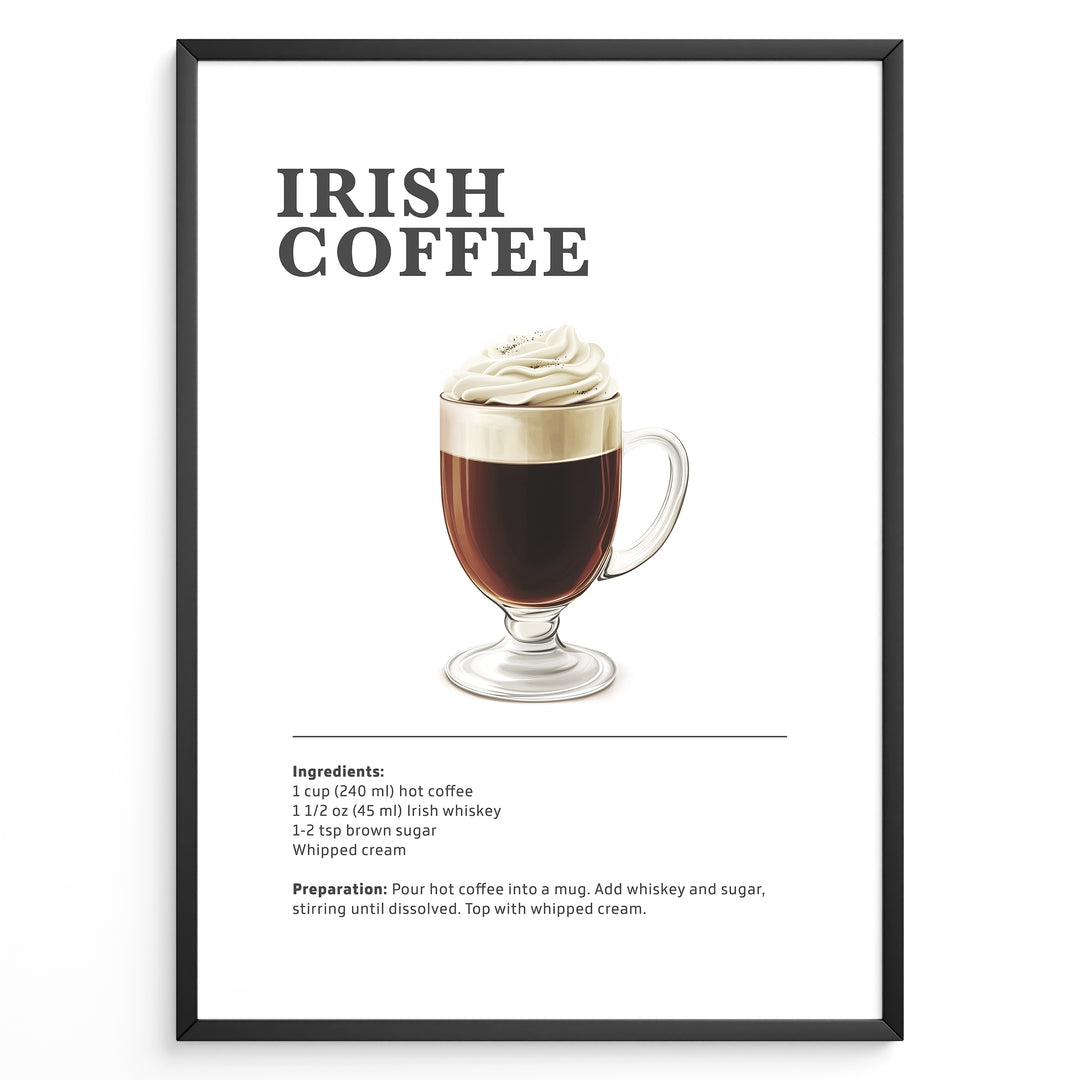 Irish coffee recipe poster with a glass of hot coffee topped with whipped cream.