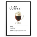Indlæs billede til gallerivisning Irish coffee recipe poster with a glass of hot coffee topped with whipped cream.
