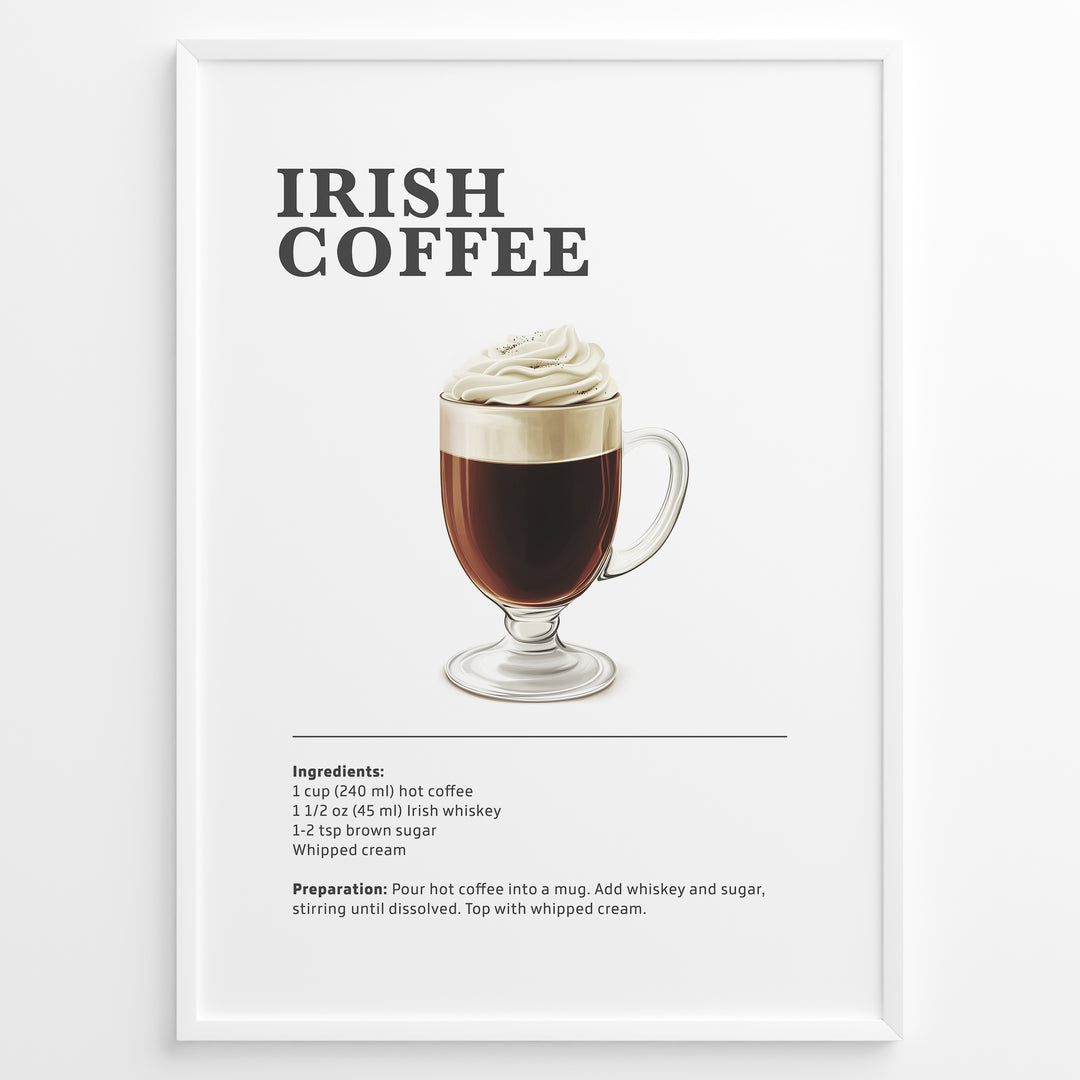 Irish coffee recipe poster with a glass of hot coffee topped with whipped cream.