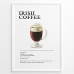 Indlæs billede til gallerivisning Irish coffee recipe poster with a glass of hot coffee topped with whipped cream.
