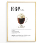 Indlæs billede til gallerivisning Irish coffee recipe poster with a glass of hot coffee topped with whipped cream.
