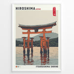 Indlæs billede til gallerivisning Japanske plakater | Illustrated travel poster of Itsukushima Shrine’s floating torii gate in Hiroshima, Japan, with calm water, mountain background, and vintage-style colors.
