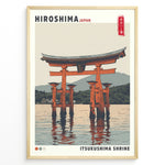 Indlæs billede til gallerivisning Japanske plakater | Illustrated travel poster of Itsukushima Shrine’s floating torii gate in Hiroshima, Japan, with calm water, mountain background, and vintage-style colors.
