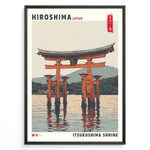 Indlæs billede til gallerivisning Japanske plakater | Illustrated travel poster of Itsukushima Shrine’s floating torii gate in Hiroshima, Japan, with calm water, mountain background, and vintage-style colors.
