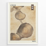 Indlæs billede til gallerivisning Japanske plakater | Japanese-style wall art showing detailed tree rings in a natural beige tone, with Japanese text reading &quot;Tokiwa&quot; (time wheel) and minimalist branding.
