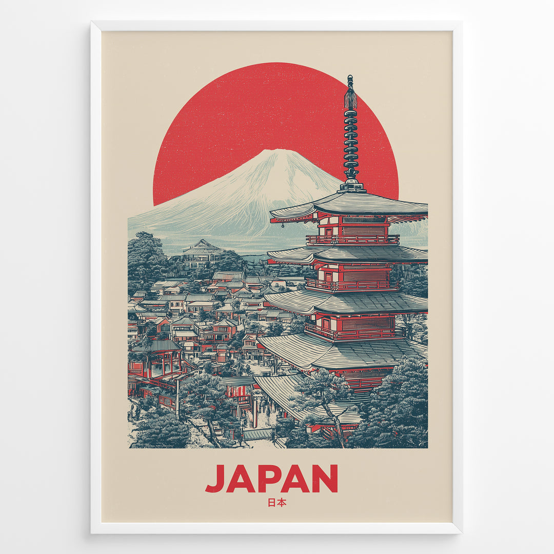 Japanske plakater | Retro-style Japan travel poster with a red pagoda, town view, Mount Fuji, and a large red sun, framed in black.