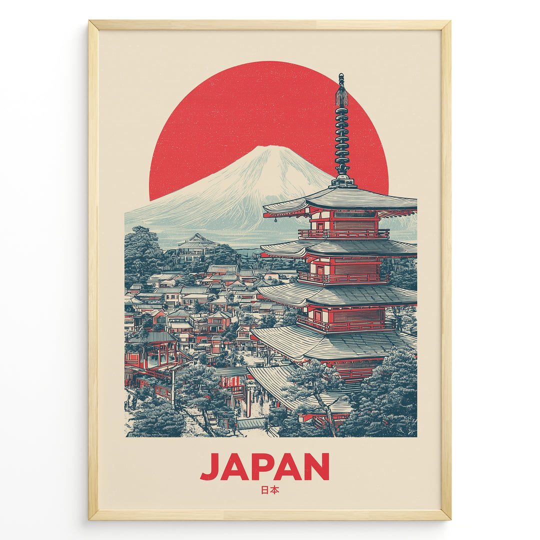 Japanske plakater | Retro-style Japan travel poster with a red pagoda, town view, Mount Fuji, and a large red sun, framed in black.