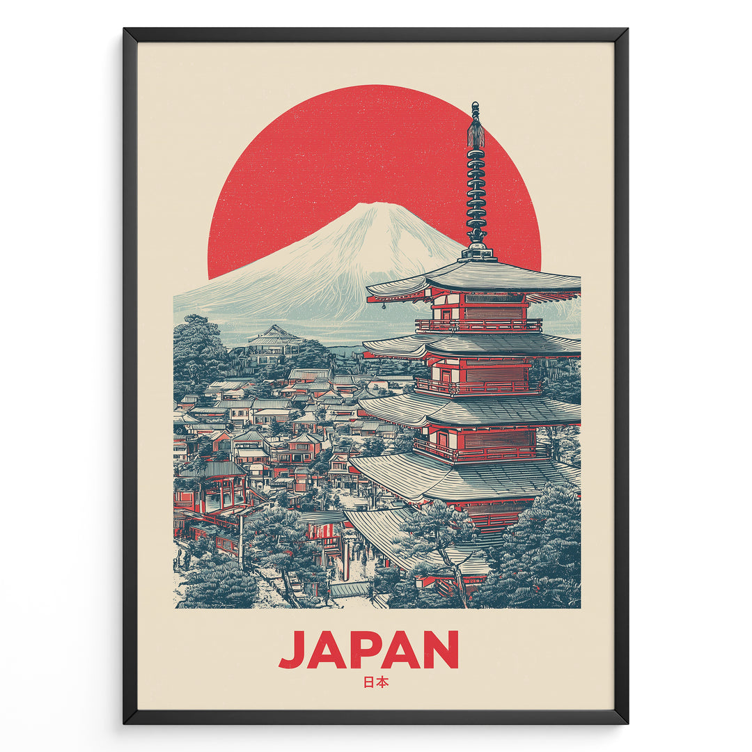 Japanske plakater | Retro-style Japan travel poster with a red pagoda, town view, Mount Fuji, and a large red sun, framed in black.