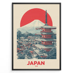 Indlæs billede til gallerivisning Japanske plakater | Retro-style Japan travel poster with a red pagoda, town view, Mount Fuji, and a large red sun, framed in black.
