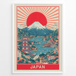 Indlæs billede til gallerivisning Japanske plakater | Framed vintage Japan travel poster with Mount Fuji, large red sun, traditional pagoda, and scenic waterfront village.
