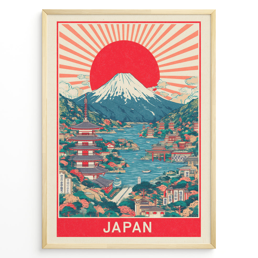 Japanske plakater | Framed vintage Japan travel poster with Mount Fuji, large red sun, traditional pagoda, and scenic waterfront village.