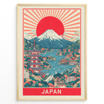Indlæs billede til gallerivisning Japanske plakater | Framed vintage Japan travel poster with Mount Fuji, large red sun, traditional pagoda, and scenic waterfront village.
