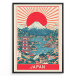 Indlæs billede til gallerivisning Japanske plakater | Framed vintage Japan travel poster with Mount Fuji, large red sun, traditional pagoda, and scenic waterfront village.
