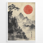Indlæs billede til gallerivisning Japanske plakater | Traditional Japanese brush painting of misty mountains with pine trees on a cliff and a bold red sun, framed in black.
