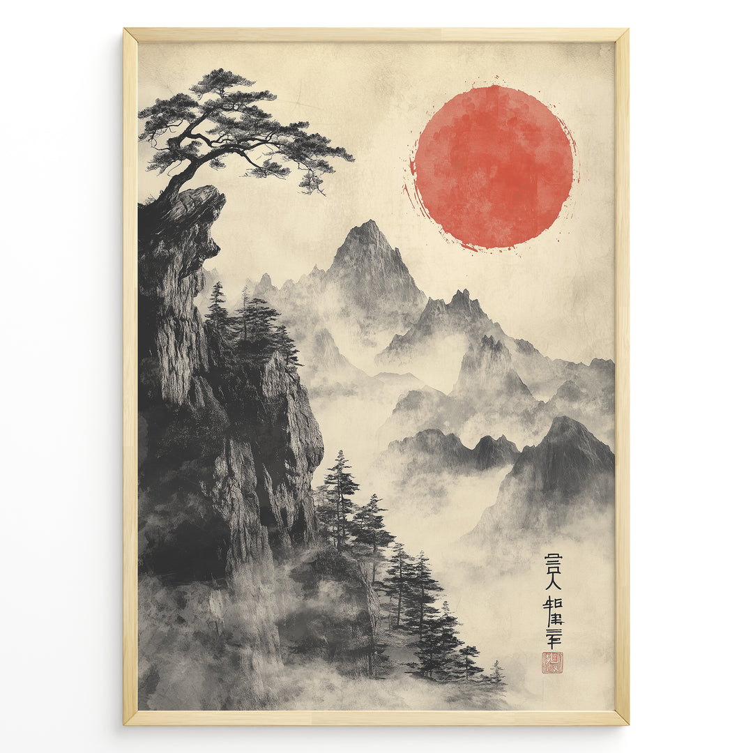 Japanske plakater | Traditional Japanese brush painting of misty mountains with pine trees on a cliff and a bold red sun, framed in black.