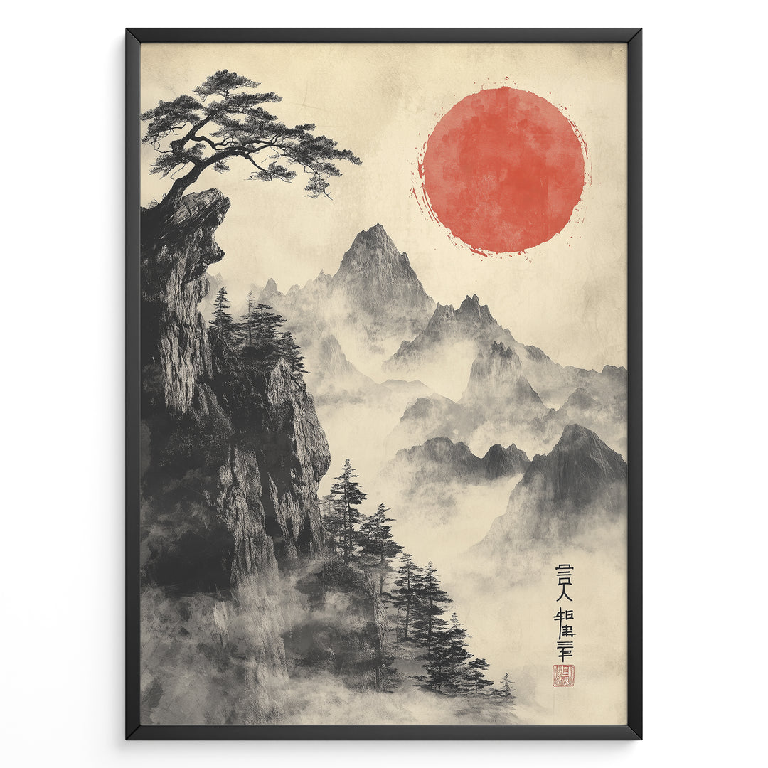 Japanske plakater | Traditional Japanese brush painting of misty mountains with pine trees on a cliff and a bold red sun, framed in black.