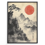 Indlæs billede til gallerivisning Japanske plakater | Traditional Japanese brush painting of misty mountains with pine trees on a cliff and a bold red sun, framed in black.
