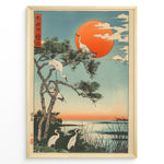 Indlæs billede til gallerivisning Japanske plakater |  Japanese ukiyo-e style art print of white cranes with a pine tree and a vivid red sun over a tranquil lakeside, framed in black.
