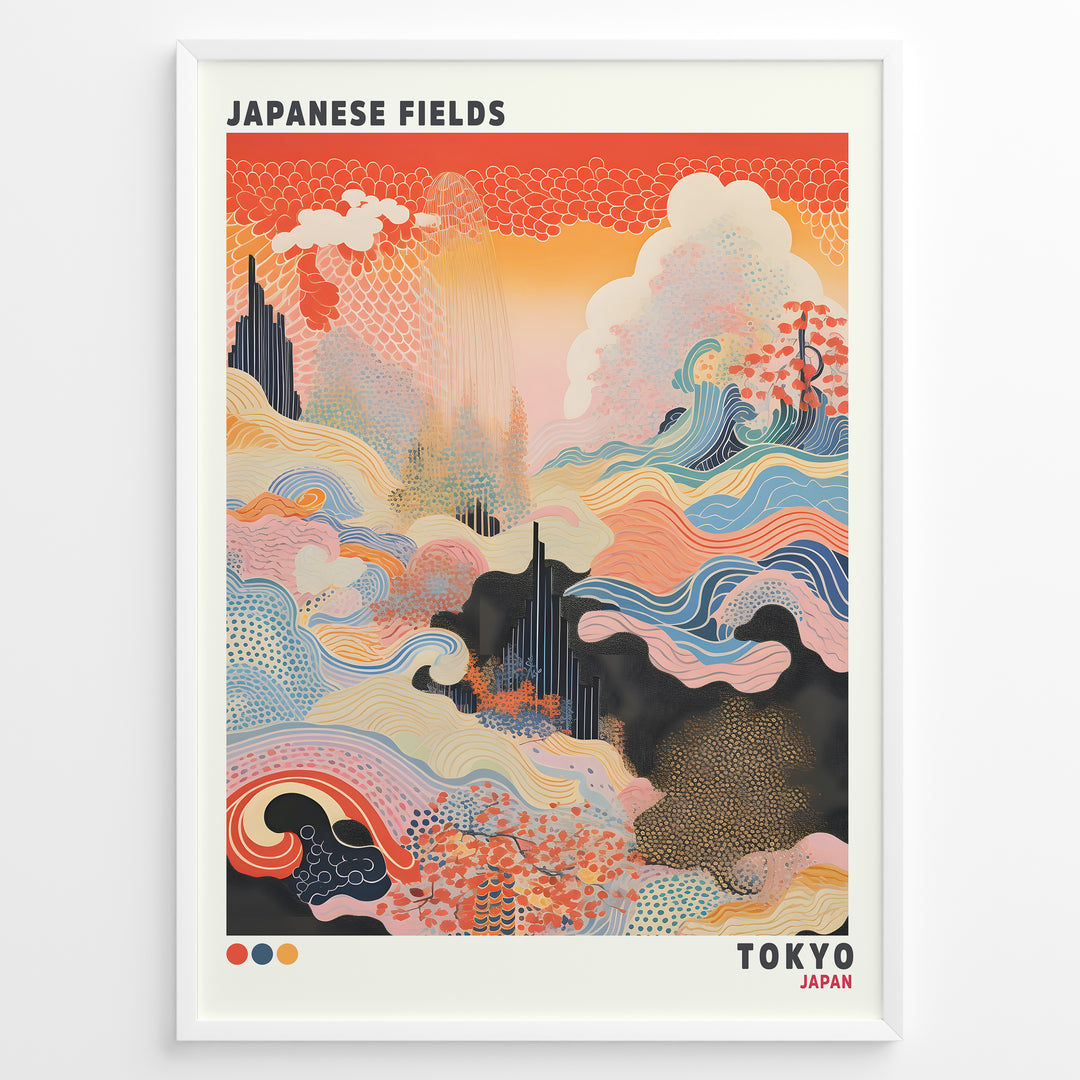 Japanske plakater | Abstract Japanese art print titled "Japanese Fields" with flowing wave patterns in red, blue, and gold tones, representing Tokyo, framed in black.