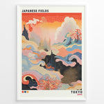 Indlæs billede til gallerivisning Japanske plakater | Abstract Japanese art print titled &quot;Japanese Fields&quot; with flowing wave patterns in red, blue, and gold tones, representing Tokyo, framed in black.
