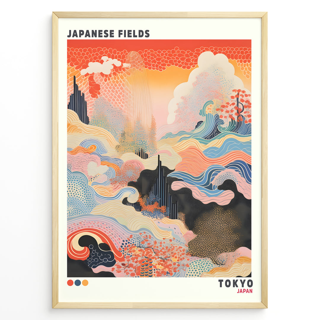 Japanske plakater | Abstract Japanese art print titled "Japanese Fields" with flowing wave patterns in red, blue, and gold tones, representing Tokyo, framed in black.