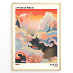 Indlæs billede til gallerivisning Japanske plakater | Abstract Japanese art print titled &quot;Japanese Fields&quot; with flowing wave patterns in red, blue, and gold tones, representing Tokyo, framed in black.

