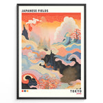 Indlæs billede til gallerivisning Japanske plakater | Abstract Japanese art print titled &quot;Japanese Fields&quot; with flowing wave patterns in red, blue, and gold tones, representing Tokyo, framed in black.

