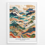Indlæs billede til gallerivisning Japanske plakater | Framed Japanese Grasslands with Waves art print featuring mountains, flowing waves, and traditional Japanese landscape design.
