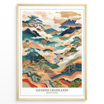 Indlæs billede til gallerivisning Japanske plakater | Framed Japanese Grasslands with Waves art print featuring mountains, flowing waves, and traditional Japanese landscape design.
