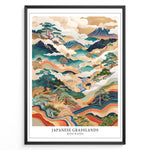 Indlæs billede til gallerivisning Japanske plakater | Framed Japanese Grasslands with Waves art print featuring mountains, flowing waves, and traditional Japanese landscape design.
