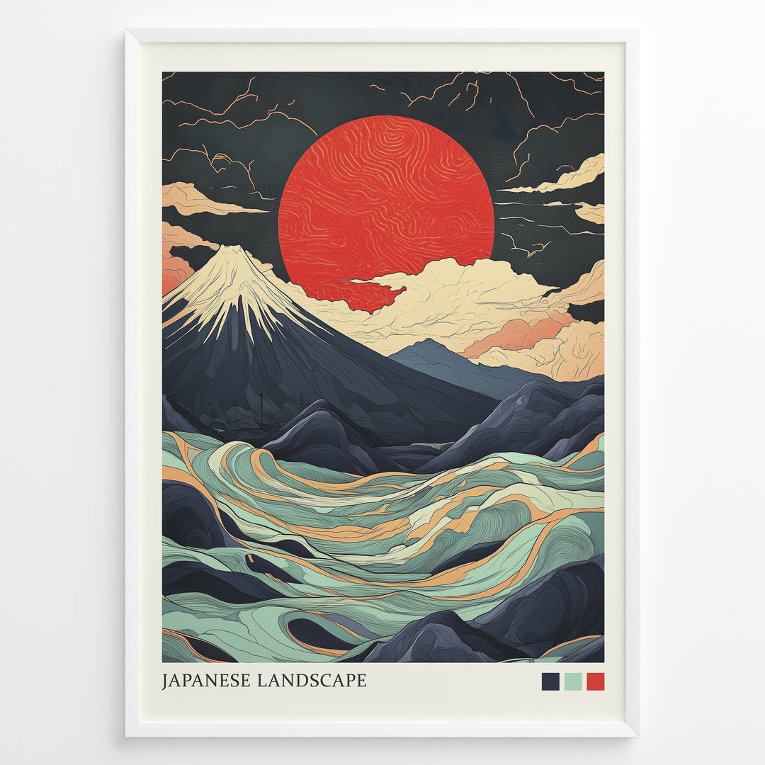 Japanske plakater | Framed Japanese landscape art print with snow-capped mountain, abstract swirling waves, and a large red sun in the background.