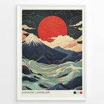 Indlæs billede til gallerivisning Japanske plakater | Framed Japanese landscape art print with snow-capped mountain, abstract swirling waves, and a large red sun in the background.

