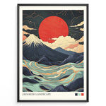 Indlæs billede til gallerivisning Japanske plakater | Framed Japanese landscape art print with snow-capped mountain, abstract swirling waves, and a large red sun in the background.
