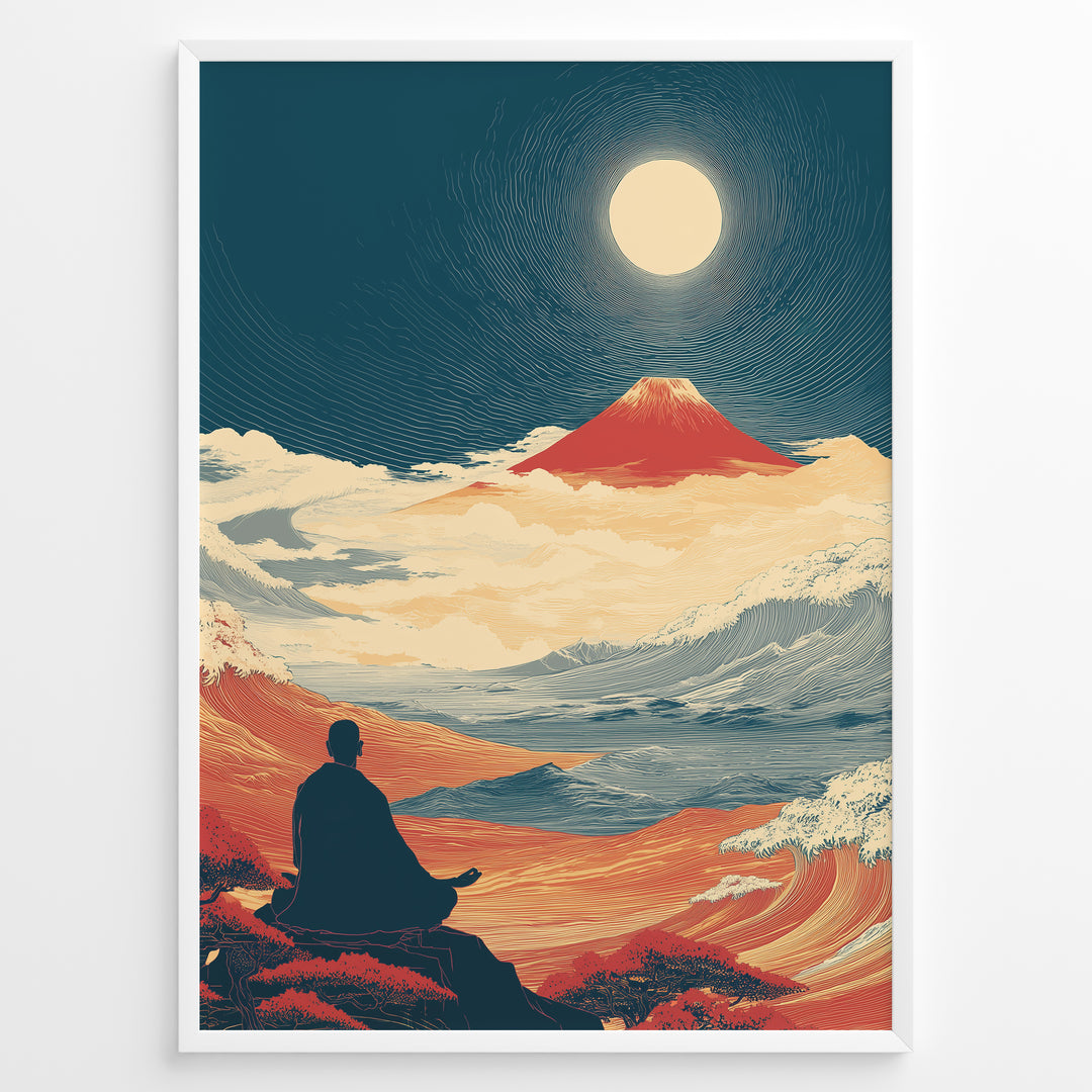 Japanske plakater | Japanese art print of a meditating person facing Mount Fuji under a full moon, surrounded by waves, clouds, and warm red-orange landscapes, framed in black.