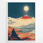 Indlæs billede til gallerivisning Japanske plakater | Japanese art print of a meditating person facing Mount Fuji under a full moon, surrounded by waves, clouds, and warm red-orange landscapes, framed in black.
