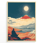 Indlæs billede til gallerivisning Japanske plakater | Japanese art print of a meditating person facing Mount Fuji under a full moon, surrounded by waves, clouds, and warm red-orange landscapes, framed in black.
