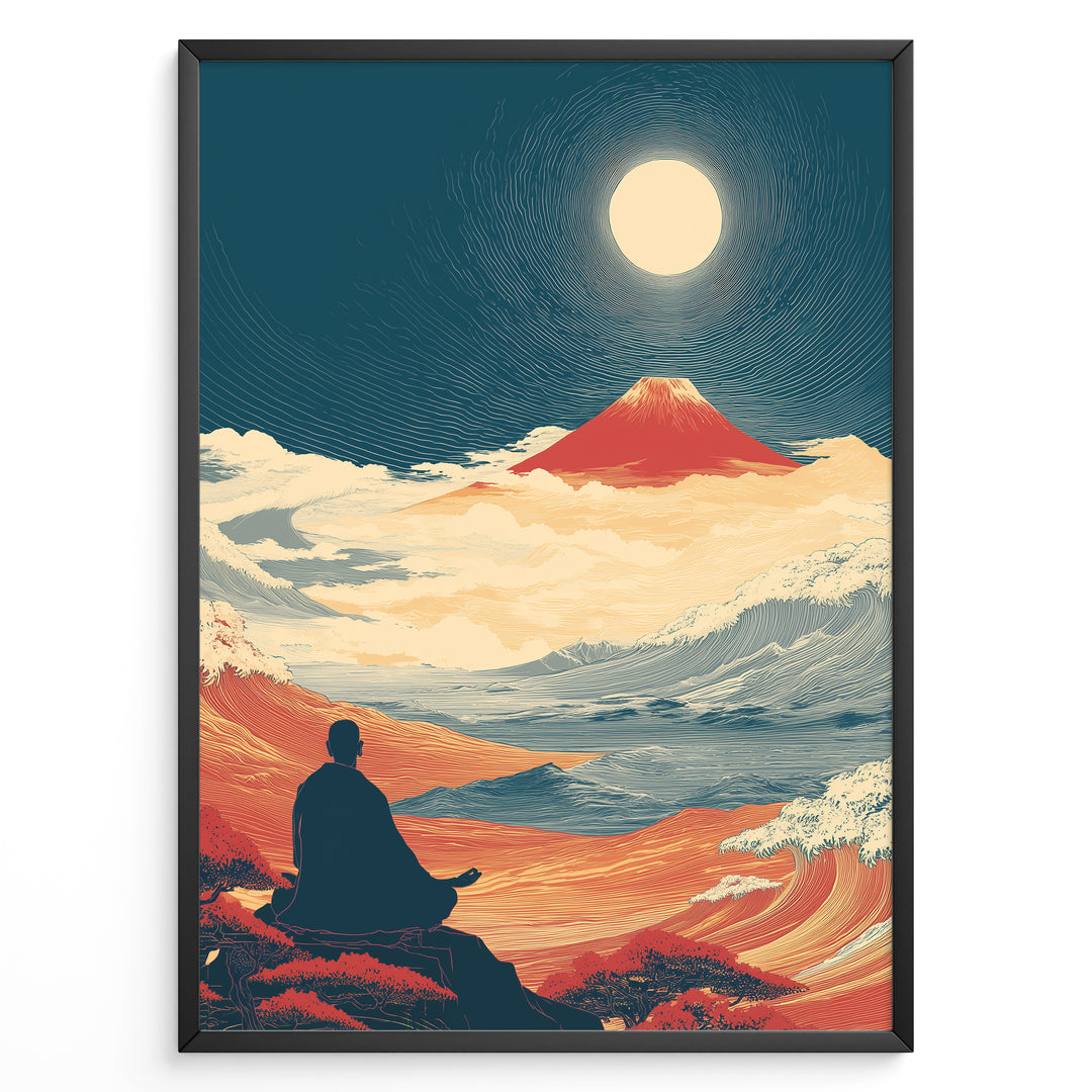 Japanske plakater | Japanese art print of a meditating person facing Mount Fuji under a full moon, surrounded by waves, clouds, and warm red-orange landscapes, framed in black.