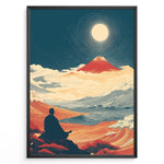 Indlæs billede til gallerivisning Japanske plakater | Japanese art print of a meditating person facing Mount Fuji under a full moon, surrounded by waves, clouds, and warm red-orange landscapes, framed in black.
