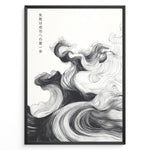 Indlæs billede til gallerivisning Japanske plakater | Framed Japanese motivational poster with black and white abstract wave design and Japanese quote text.
