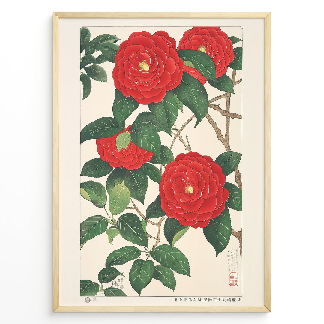 Japanske plakater |   Traditional Japanese botanical art print of red camellia flowers with green leaves in a black frame.